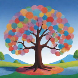 A cartoonish picture of a bubbly, circular landscape with an oversized, cheerful tree in the middle. The tree has vibrant leaves, with a bright, clear sky forming the background. The style is full of bold color and exaggerated lines.