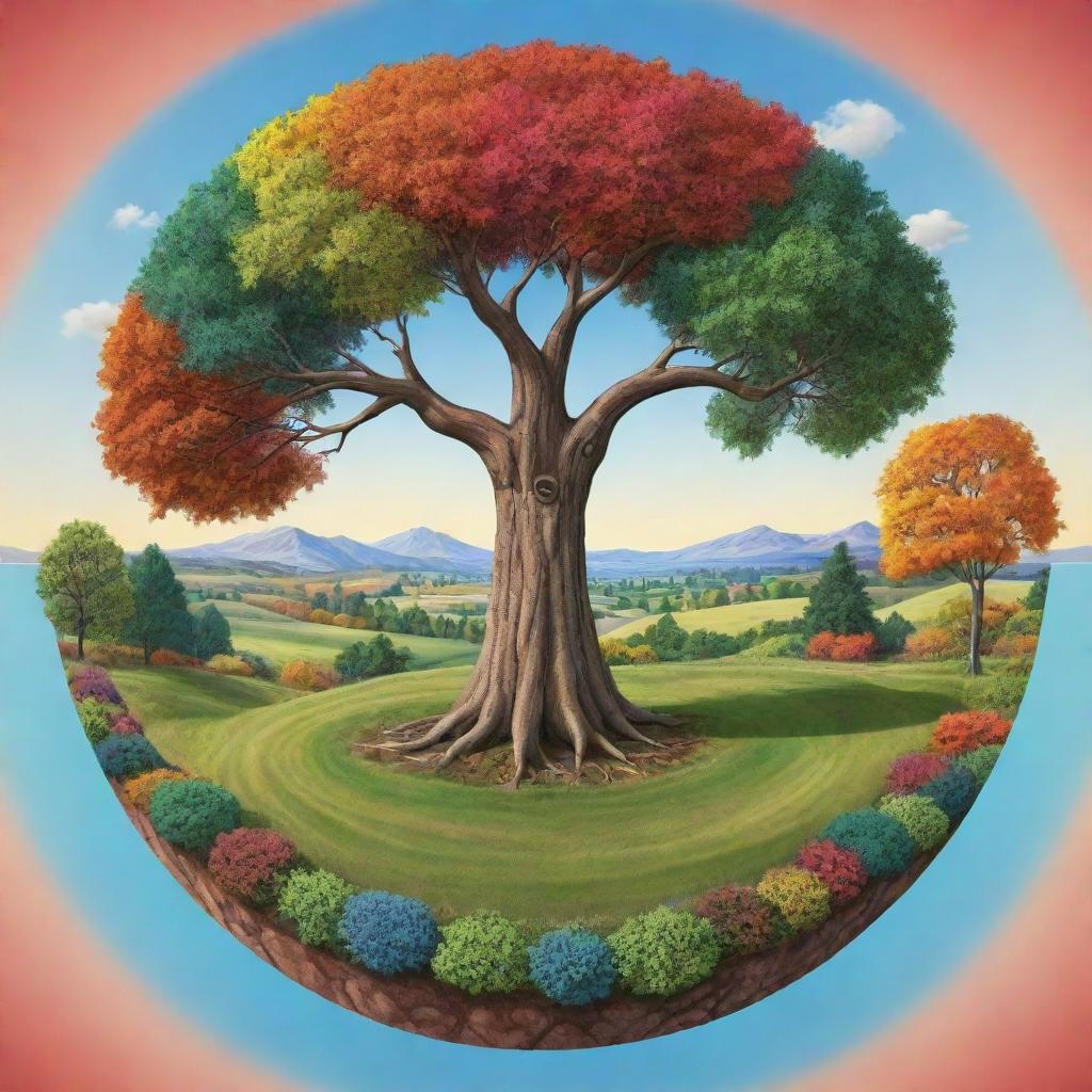 A realistic yet cartoonish image of a unique circular landscape with a prominent, lifelike tree in the middle. The tree is detailed, surrounded by the landscape's vibrant colors. The style is still cartoonish but with realistic elements.