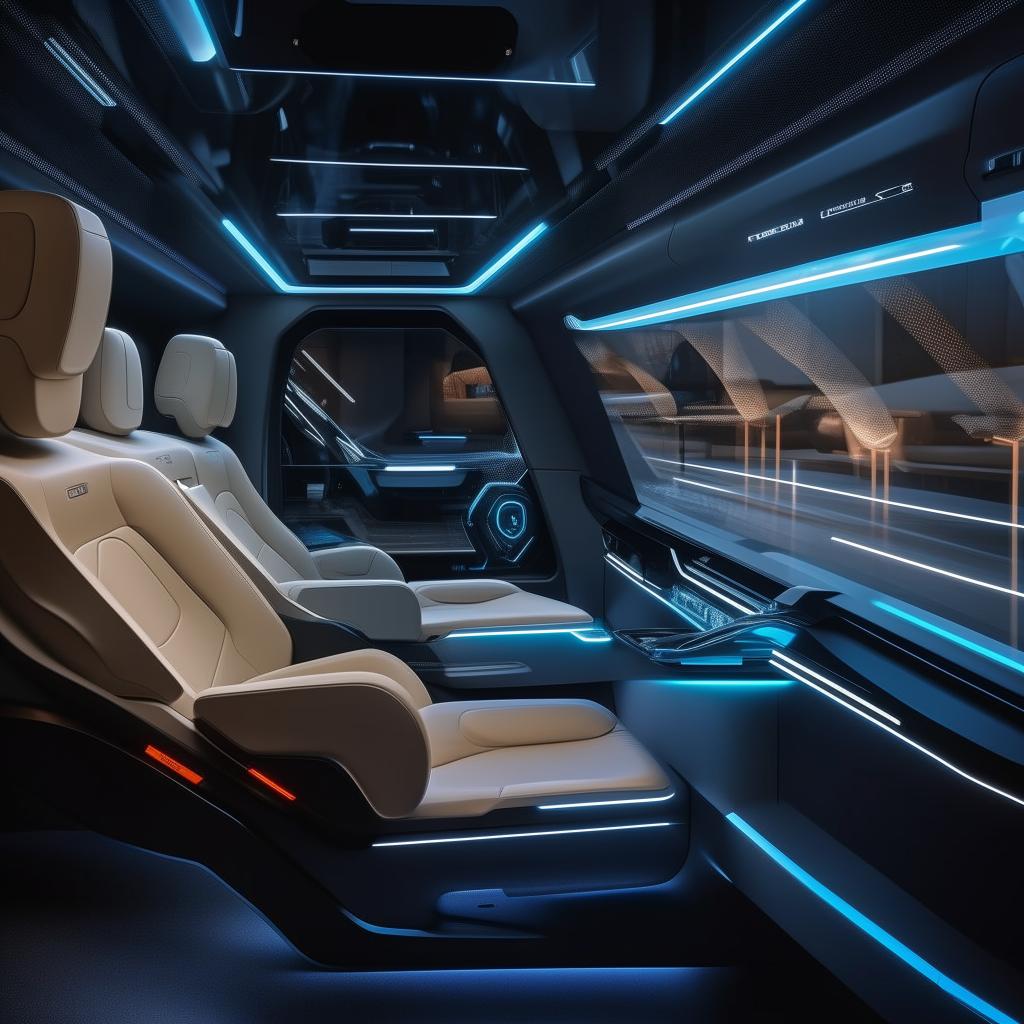 The rear cabin of a state-of-the-art, futuristic van presenting a luxurious and tech-savvy ambience.