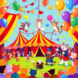 A vibrant and whimsical pixel art scene of a magical circus featuring playful cats as the main performers