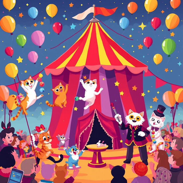 A vibrant and whimsical pixel art scene of a magical circus featuring playful cats as the main performers