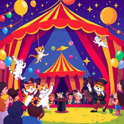 A vibrant and whimsical pixel art scene of a magical circus featuring playful cats as the main performers
