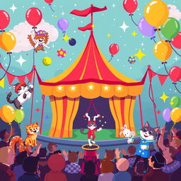A vibrant and whimsical pixel art scene of a magical circus featuring playful cats as the main performers