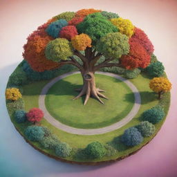 A realistic yet cartoonish image of a unique circular landscape with a prominent, lifelike tree in the middle. The tree is detailed, surrounded by the landscape's vibrant colors. The style is still cartoonish but with realistic elements.