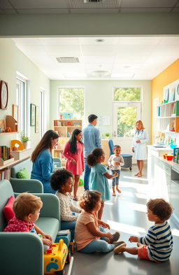 A vibrant, welcoming department of paediatrics, showcasing a bright and colorful pediatric clinic environment