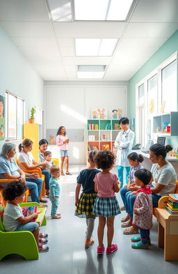 A vibrant, welcoming department of paediatrics, showcasing a bright and colorful pediatric clinic environment