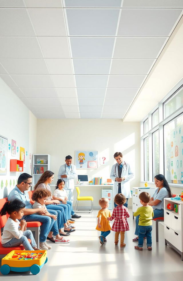 A vibrant, welcoming department of paediatrics, showcasing a bright and colorful pediatric clinic environment