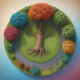 A realistic yet cartoonish image of a unique circular landscape with a prominent, lifelike tree in the middle. The tree is detailed, surrounded by the landscape's vibrant colors. The style is still cartoonish but with realistic elements.