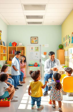 A vibrant, welcoming department of paediatrics, showcasing a bright and colorful pediatric clinic environment
