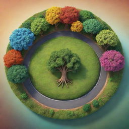 A realistic yet cartoonish image of a unique circular landscape with a prominent, lifelike tree in the middle. The tree is detailed, surrounded by the landscape's vibrant colors. The style is still cartoonish but with realistic elements.