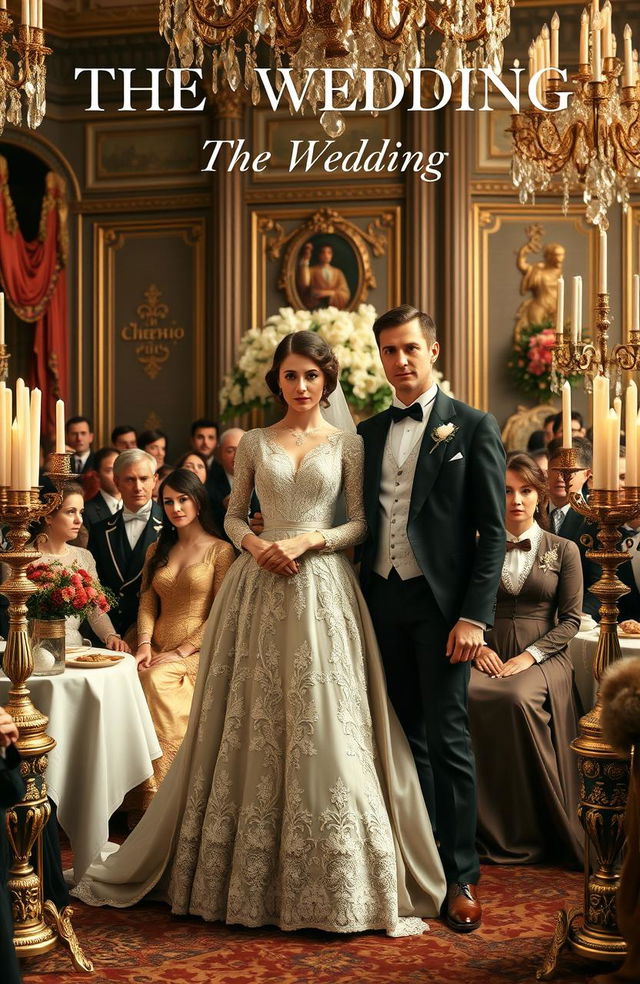 A luxurious Russian wedding scene set in 1889, featuring a beautifully dressed bride in an elegant, intricate gown with delicate lace and embroidery, and a dapper groom in a tailored suit, complete with a bow tie