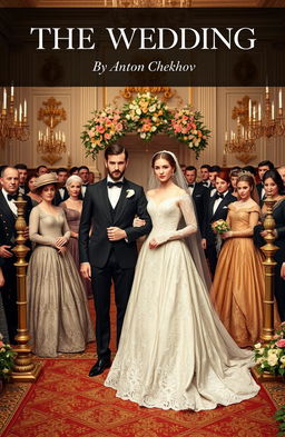 A luxurious Russian wedding scene set in 1889, featuring a beautifully dressed bride in an elegant, intricate gown with delicate lace and embroidery, and a dapper groom in a tailored suit, complete with a bow tie