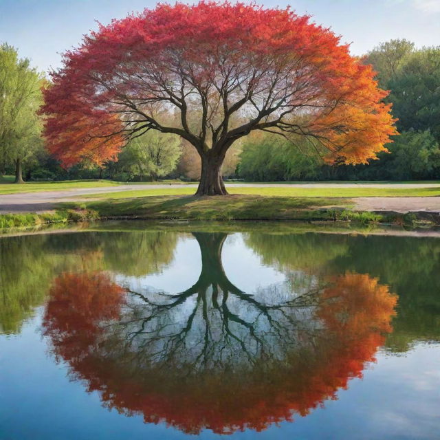 A realistic yet cartoonish image of a circular-shaped pond with a large, majestic tree in the center. The tree's reflection dances on the water surface. The scene is captured in a playful style featuring vibrant colors.