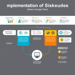 A detailed infographic illustrating the implementation process of Siskeudes (Sistem Keuangan Desa) with visuals representing various stages such as planning, execution, monitoring, and evaluation