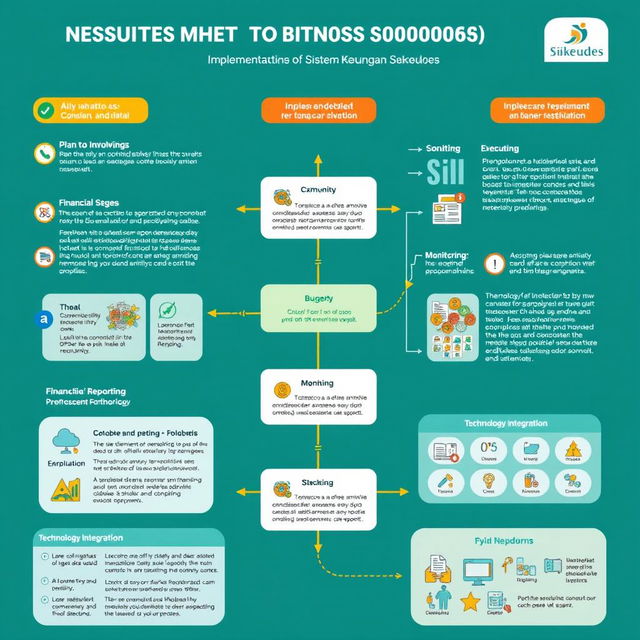 A detailed infographic illustrating the implementation process of Siskeudes (Sistem Keuangan Desa) with visuals representing various stages such as planning, execution, monitoring, and evaluation