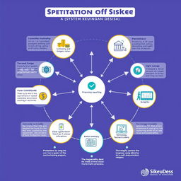 A detailed infographic illustrating the implementation process of Siskeudes (Sistem Keuangan Desa) with visuals representing various stages such as planning, execution, monitoring, and evaluation