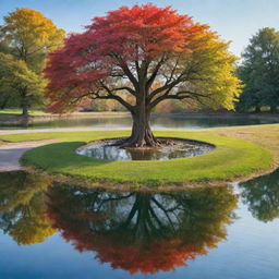 A realistic yet cartoonish image of a circular-shaped pond with a large, majestic tree in the center. The tree's reflection dances on the water surface. The scene is captured in a playful style featuring vibrant colors.