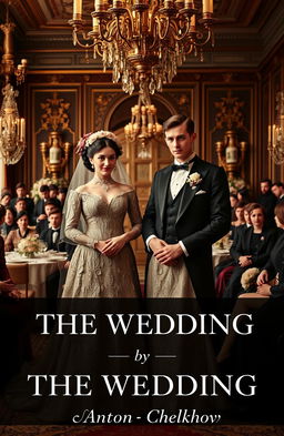 An opulent Russian wedding from the year 1889, showcasing a charming bride and groom standing elegantly in front of an audience of well-dressed, high-class guests