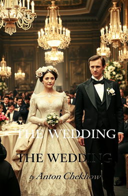 An opulent Russian wedding from the year 1889, showcasing a charming bride and groom standing elegantly in front of an audience of well-dressed, high-class guests