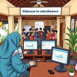 A detailed exploration of the implementation of Siskeudes (Sistem Keuangan Desa) in an Indonesian village setting, showcasing a village administrative office where local officials are using a computer system to manage village finances