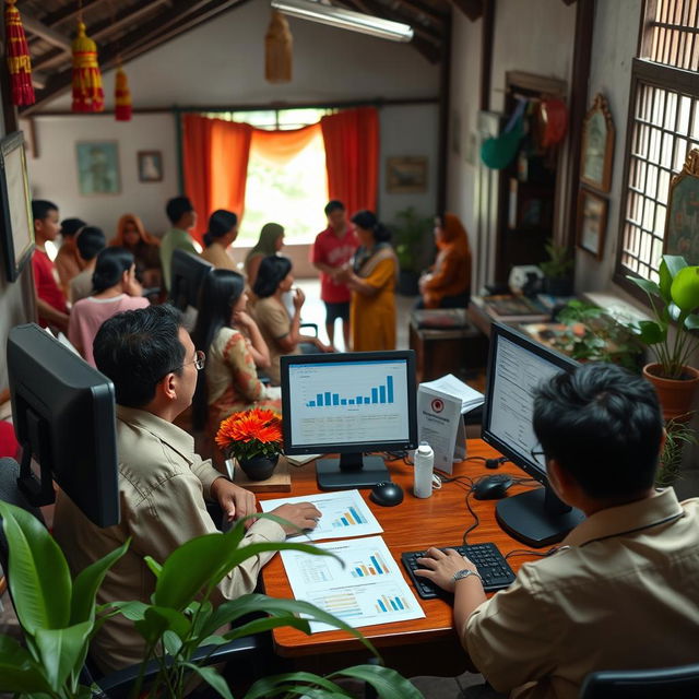 A detailed exploration of the implementation of Siskeudes (Sistem Keuangan Desa) in an Indonesian village setting, showcasing a village administrative office where local officials are using a computer system to manage village finances