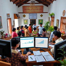 A detailed exploration of the implementation of Siskeudes (Sistem Keuangan Desa) in an Indonesian village setting, showcasing a village administrative office where local officials are using a computer system to manage village finances