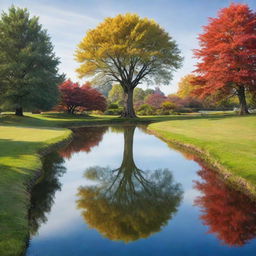 A realistic yet cartoonish image of a circular-shaped pond with a large, majestic tree in the center. The tree's reflection dances on the water surface. The scene is captured in a playful style featuring vibrant colors.