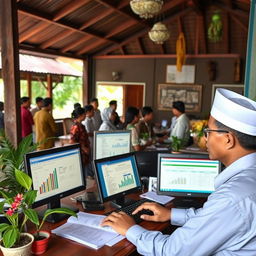 A detailed exploration of the implementation of Siskeudes (Sistem Keuangan Desa) in an Indonesian village setting, showcasing a village administrative office where local officials are using a computer system to manage village finances