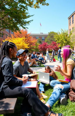 A vibrant college atmosphere filled with diverse students engaged in lively discussions