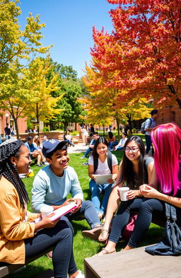 A vibrant college atmosphere filled with diverse students engaged in lively discussions