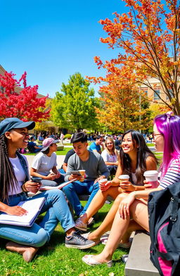 A vibrant college atmosphere filled with diverse students engaged in lively discussions