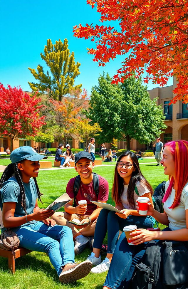 A vibrant college atmosphere filled with diverse students engaged in lively discussions