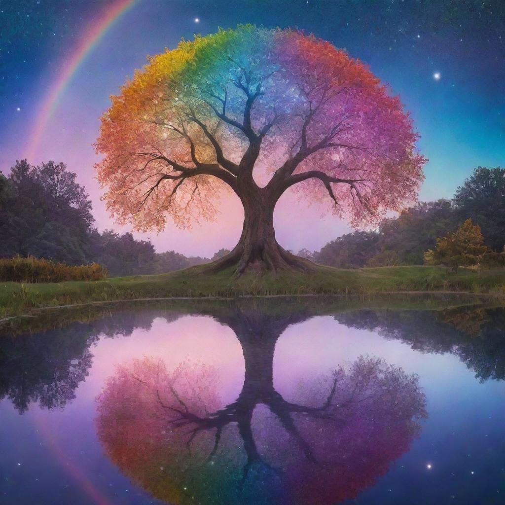 A surreal image of a circular-shaped pond with a towering, radiant tree at its heart. Rainbow-hued waters, iridescent foliage, and a sky filled with floating bubbles and glowing stars. The scene is stylized, characterized by exaggerated and dreamlike elements.