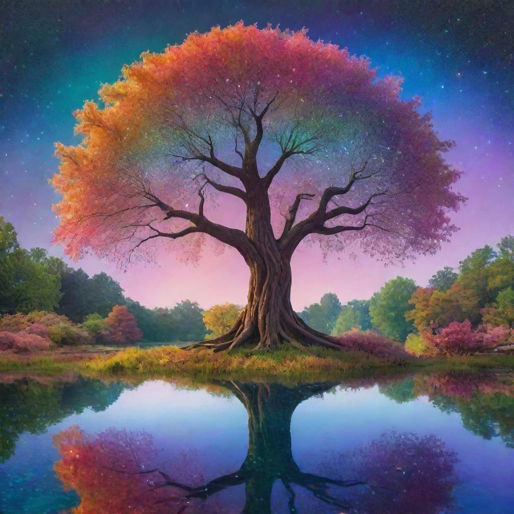 A surreal image of a circular-shaped pond with a towering, radiant tree at its heart. Rainbow-hued waters, iridescent foliage, and a sky filled with floating bubbles and glowing stars. The scene is stylized, characterized by exaggerated and dreamlike elements.