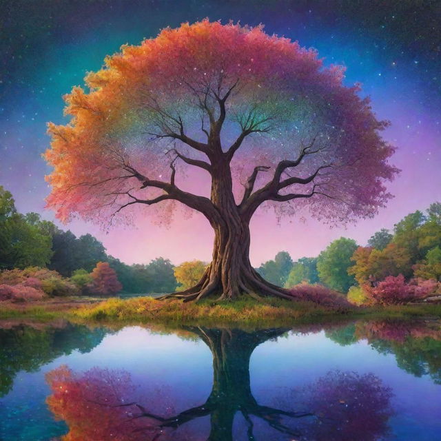 A surreal image of a circular-shaped pond with a towering, radiant tree at its heart. Rainbow-hued waters, iridescent foliage, and a sky filled with floating bubbles and glowing stars. The scene is stylized, characterized by exaggerated and dreamlike elements.