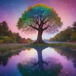 A surreal image of a circular-shaped pond with a towering, radiant tree at its heart. Rainbow-hued waters, iridescent foliage, and a sky filled with floating bubbles and glowing stars. The scene is stylized, characterized by exaggerated and dreamlike elements.