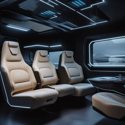 The rear cabin of a state-of-the-art, futuristic van presenting a luxurious and tech-savvy ambience.