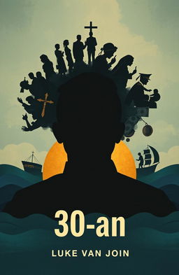 A novel cover design for an A5 book titled '30-an' by author Luke van John, featuring a prominent silhouette of an Asian Muslim man in the center