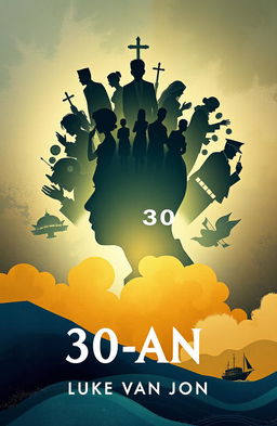 A novel cover design for an A5 book titled '30-an' by author Luke van John, featuring a prominent silhouette of an Asian Muslim man in the center