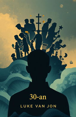 A novel cover design for an A5 book titled '30-an' by author Luke van John, featuring a prominent silhouette of an Asian Muslim man in the center