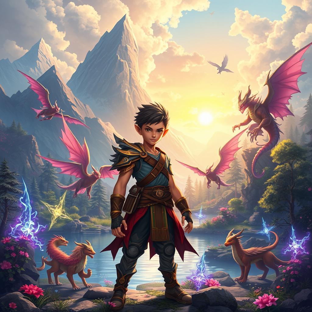 A captivating fantasy landscape featuring Arka, a determined young cultivator striving to become a great physical cultivator