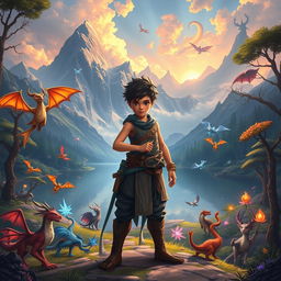 A captivating fantasy landscape featuring Arka, a determined young cultivator striving to become a great physical cultivator