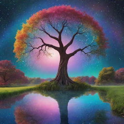 A surreal image of a circular-shaped pond with a towering, radiant tree at its heart. Rainbow-hued waters, iridescent foliage, and a sky filled with floating bubbles and glowing stars. The scene is stylized, characterized by exaggerated and dreamlike elements.