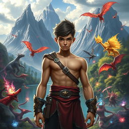 A captivating fantasy landscape featuring Arka, a determined young cultivator striving to become a great physical cultivator