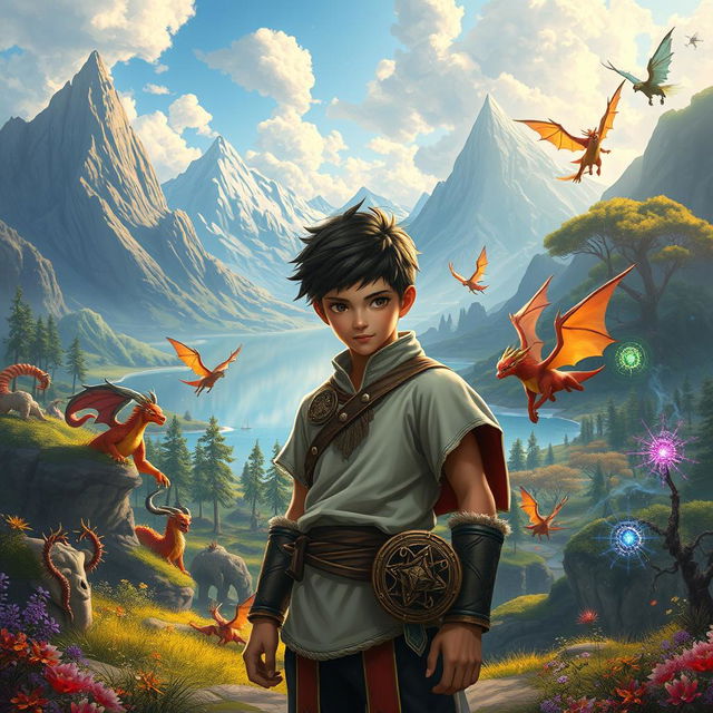 A captivating fantasy landscape featuring Arka, a determined young cultivator striving to become a great physical cultivator