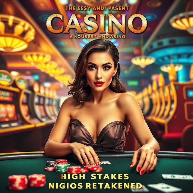 A vibrant casino-themed movie poster featuring a stylish woman engaged in an exciting betting scene