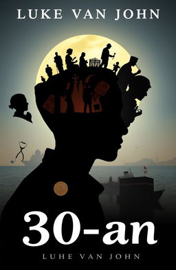 A creative and artistic A5 size novel cover titled "30-an" featuring a silhouette of an Asian Muslim man, Luke van John, with various silhouettes of problems and life events surrounding his head
