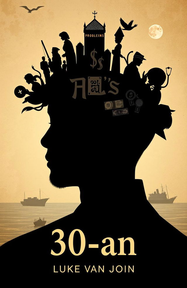 A creative and artistic A5 size novel cover titled "30-an" featuring a silhouette of an Asian Muslim man, Luke van John, with various silhouettes of problems and life events surrounding his head