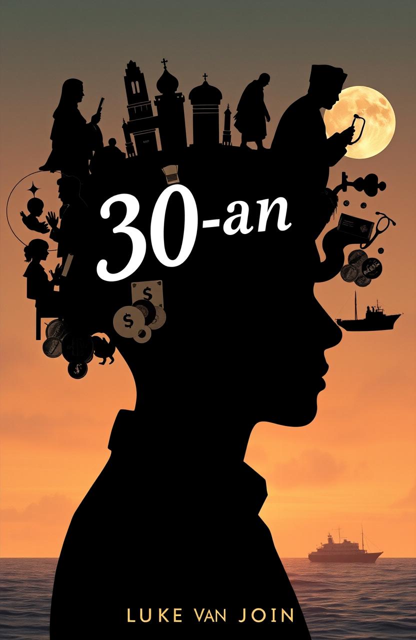 A creative and artistic A5 size novel cover titled "30-an" featuring a silhouette of an Asian Muslim man, Luke van John, with various silhouettes of problems and life events surrounding his head