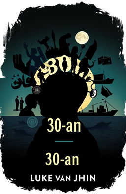 A creative and artistic A5 size novel cover titled "30-an" featuring a silhouette of an Asian Muslim man, Luke van John, with various silhouettes of problems and life events surrounding his head